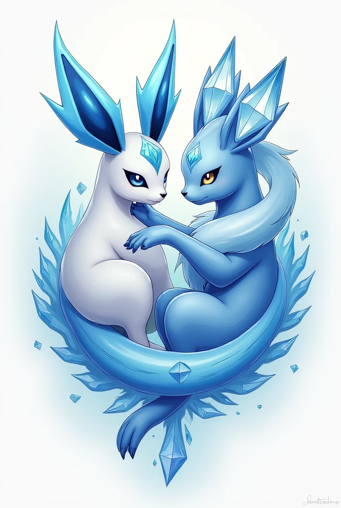 Make a tattoo image with a vaporeon and a glaceon in a yin yang style but being ice and water