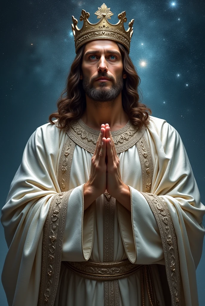 Perfect hand 5 finger, Portrait of a handsome Jesus Christ wearing the silver king clothes with king crown in the galaxy, Jesus Christ, real blue eyes, sunny day, intricate details.real Jesus Christ, straight head face, Straight body.Prayer Jesus Christ, perfect full body, perfect hands finger,Prayer Jesus Christ, praying Jesus Christ backgrounds natural photographic