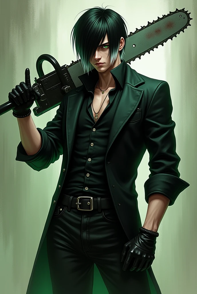 Role-playing character Man with straight black hair with white highlights with a gradient cut style, greeneyes, he wears a black vest underneath a black blazer with sleeves, on his hands he wears black gloves, a pair of black jeans, wears combat boots, holding a chainsaw