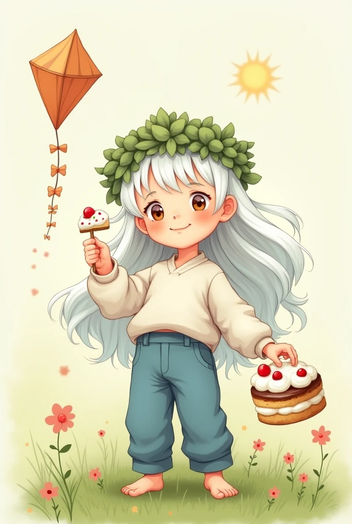 create an illustration of a cute boy with white long long hair wearing ivy cap holding a kite and a cake, he must be wearing white long sleeves and blue pants