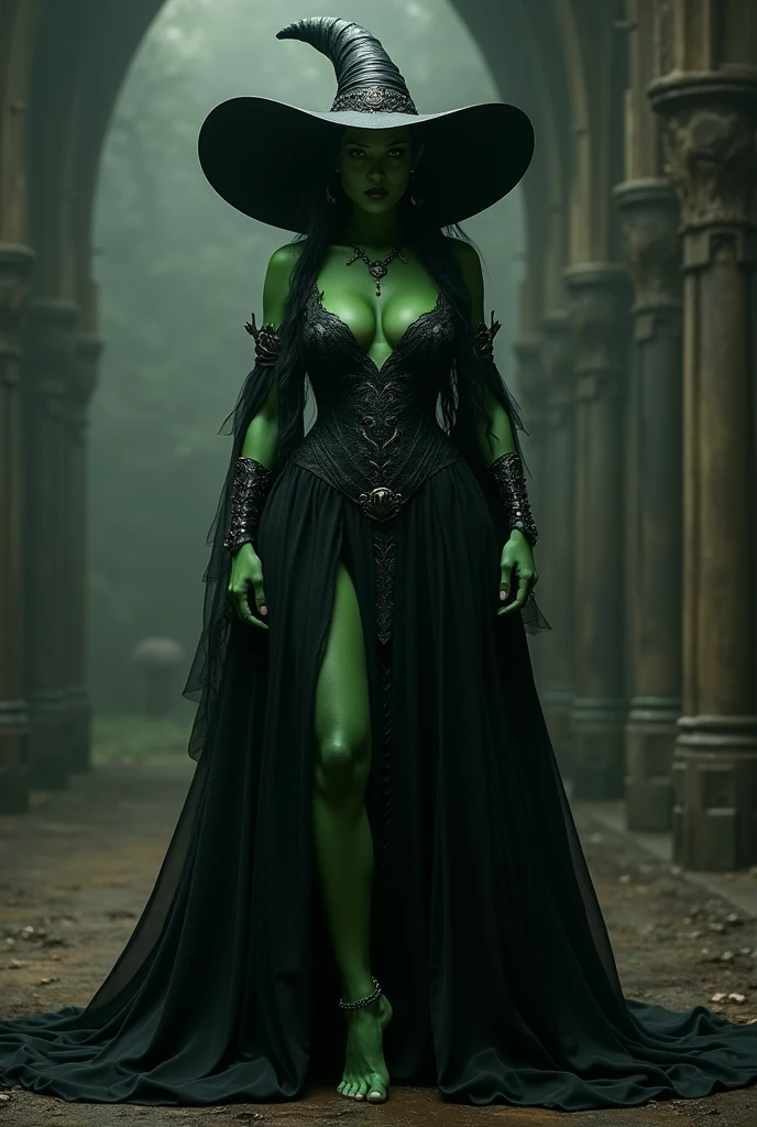 Witch, black pointy hat, green skin, big breast, huge hips, fat, black gown, bare feet