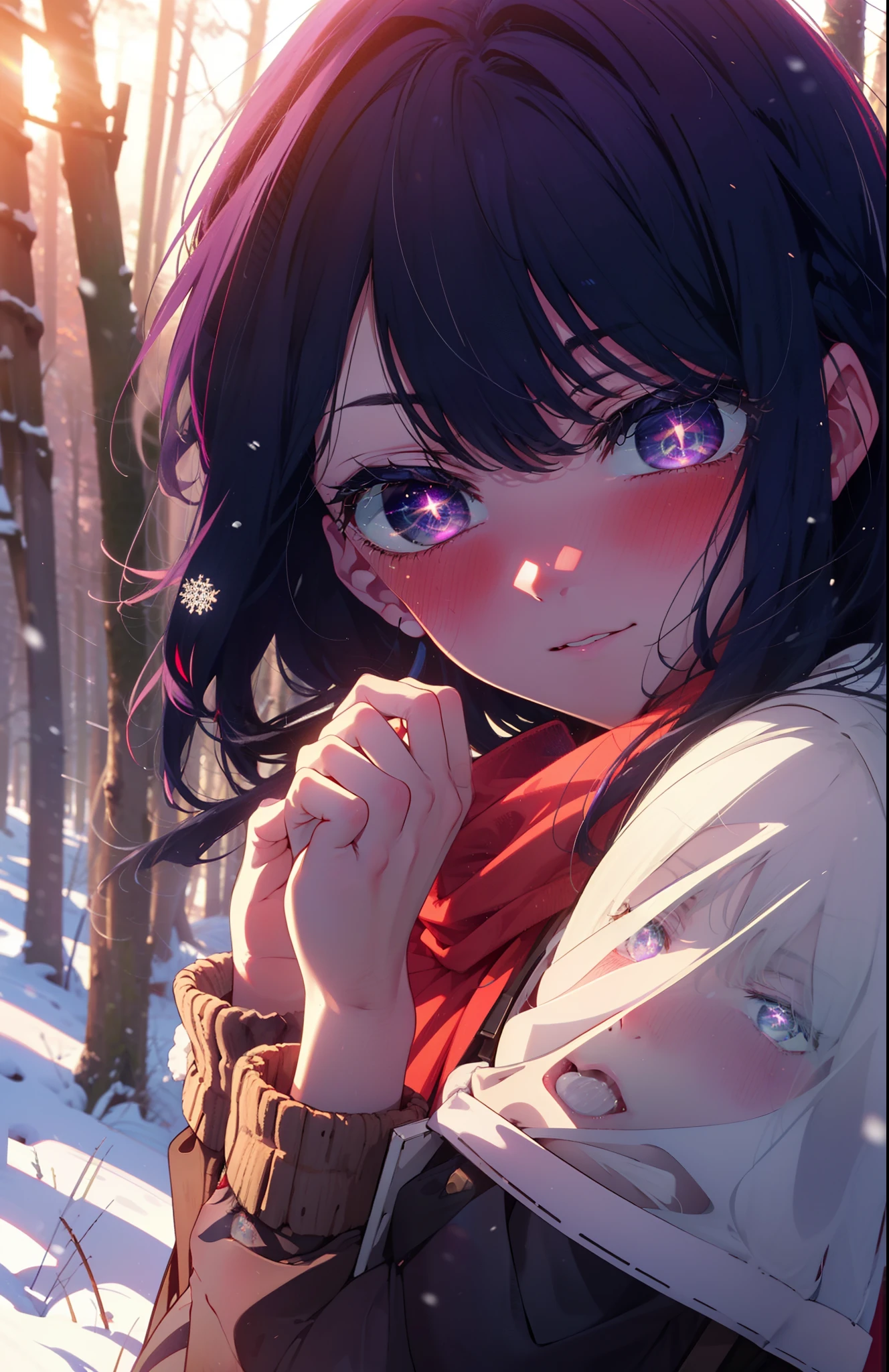 aihoshino, Ai Hoshino, Long Hair, bangs, (Purple eyes:1.1), Purple Hair, (Symbol-shaped pupil:1.5), smile,,smile,blush,white breath,
Open your mouth,snow,Ground bonfire, Outdoor, boots, snowing, From the side, wood, suitcase, Cape, Blurred, , forest, White handbag, nature, Squat, Mouth closed, Cape, winter, Written boundary depth, Black shoes, red Cape break looking at viewer, Upper Body, whole body, break Outdoor, forest, nature, break (masterpiece:1.2), Highest quality, High resolution, unity 8k wallpaper, (shape:0.8), (Beautiful and beautiful eyes:1.6), Highly detailed face, Perfect lighting, Highly detailed CG, (Perfect hands, Perfect Anatomy),