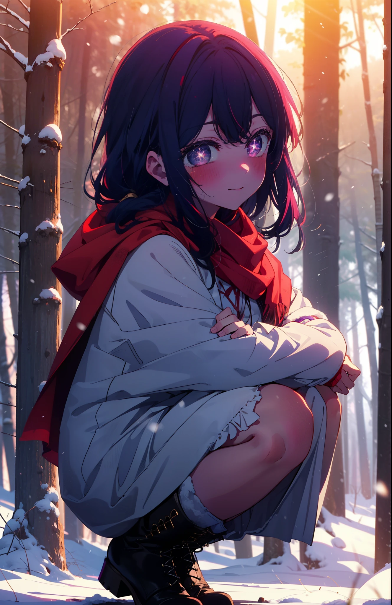 aihoshino, Ai Hoshino, Long Hair, bangs, (Purple eyes:1.1), Purple Hair, (Symbol-shaped pupil:1.5), smile,,smile,blush,white breath,
Open your mouth,snow,Ground bonfire, Outdoor, boots, snowing, From the side, wood, suitcase, Cape, Blurred, , forest, White handbag, nature,  Squat, Mouth closed, Cape, winter, Written boundary depth, Black shoes, red Cape break looking at viewer, Upper Body, whole body, break Outdoor, forest, nature, break (masterpiece:1.2), Highest quality, High resolution, unity 8k wallpaper, (shape:0.8), (Beautiful and beautiful eyes:1.6), Highly detailed face, Perfect lighting, Highly detailed CG, (Perfect hands, Perfect Anatomy),