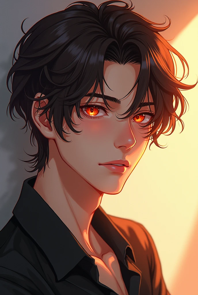 Handsome man around 23 years old, brown hair, orange eyes, anime