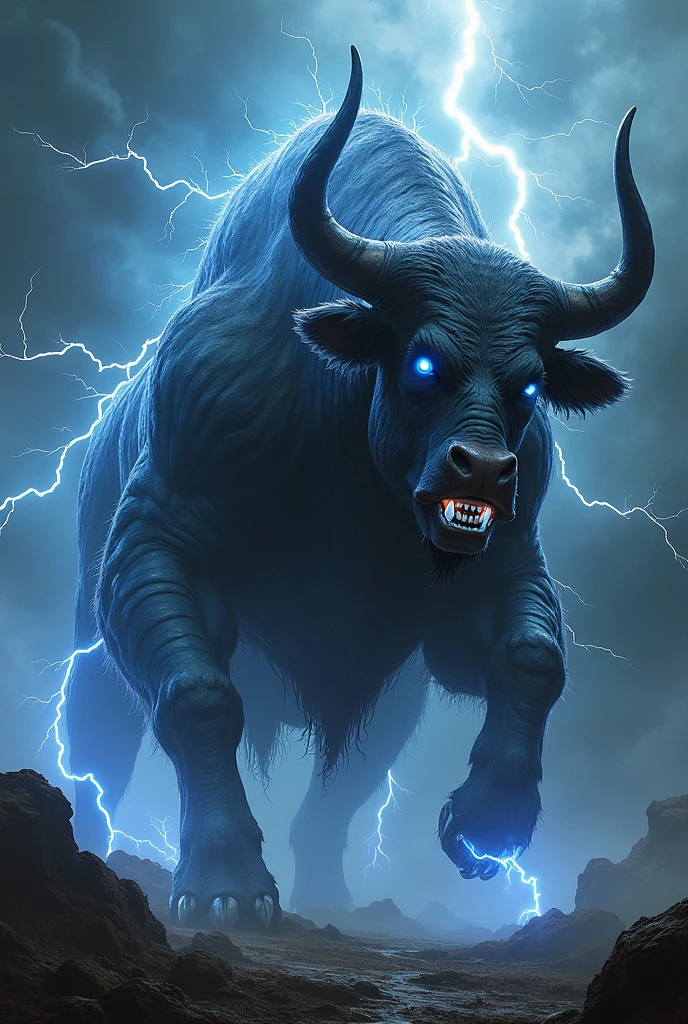 Gigantic, dangerous and horrific cross between a muscular bull and lighting with scary background 