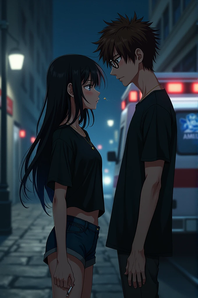 A girl with long black hair, blue eyes, so white, with a long black t-shirt, a small delicate gold necklace and short shorts underneath, not so thin. beside, a young adult boy, high, brown hair, with glasses, smoking a cigarette and offering one to the girl, on the street, at night and behind an ambulance