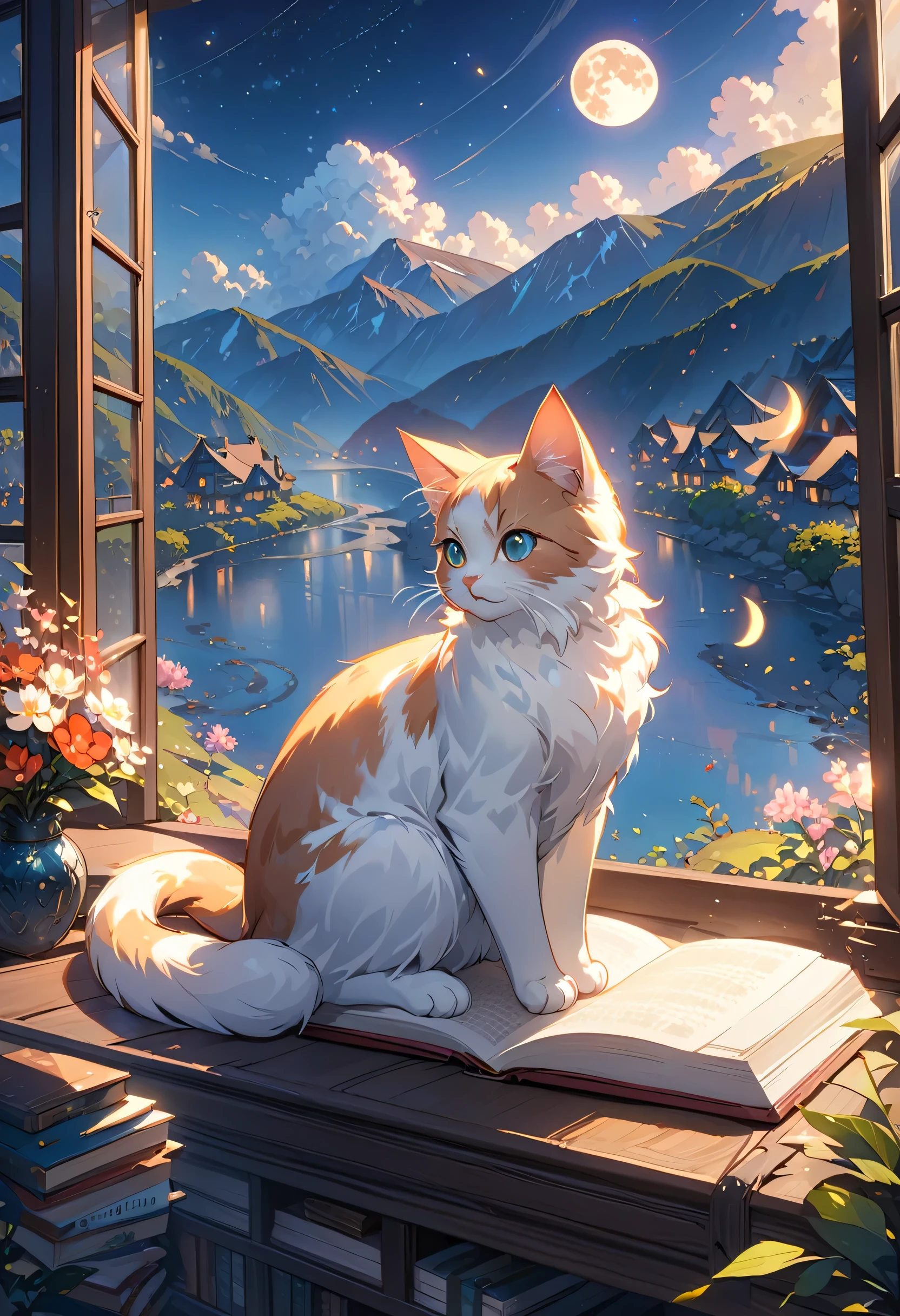 (best quality:1.2), Beautiful lo-fi minimalistic vibe, Cat, Book, window, moon, light bokeh, Soft colors, shiny, Dynamic side angle, Natural soft lighting, 8K resolution, number, Four colors of pastel，Dynamic Angle,(Fantasy style:1.2),(high quality:1.3),(best quality:1.3),(masterpiece:1.3),Official Art,Official Wallpapers,4K Textures,(epic:1.2),(Mysterious atmosphere:1.2),Moonshine settings,midnight sky,(twilight:1.2),subtle sparkle,Whimsical vibe,(detailed:1.05),(extremely detailed:1.06),Clear focus,(complex:1.03),(extremely complex:1.04),Low contrast,Soft movie lighting,Soothing tones,HDR,(Beautiful scenery:1.08),(detailed scenery:1.08),(complex scenery:1.07),(:1.05),(Pretty Face:1.1),[Perfect eyes:0.8],[Perfect skin:0.8],[detailed face:0.8],[detailed eyes:0.8],[detailed hair:0.9],[detailed lips:0.8]