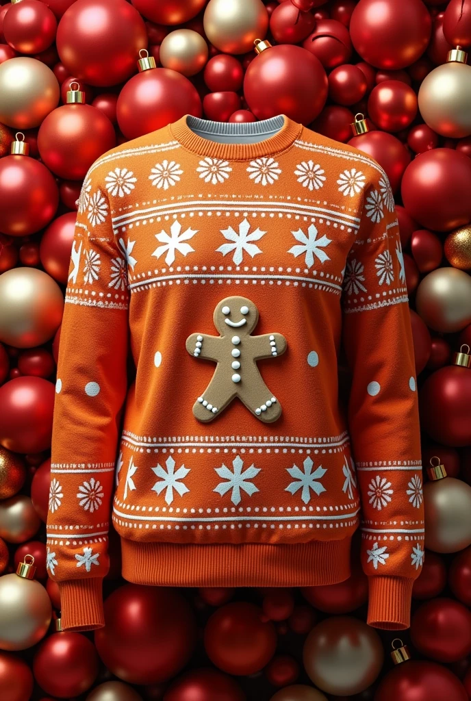 Christmas gingerbread man sweatshirt，orange color，Lots of gingerbread men，Red colored balls，cake