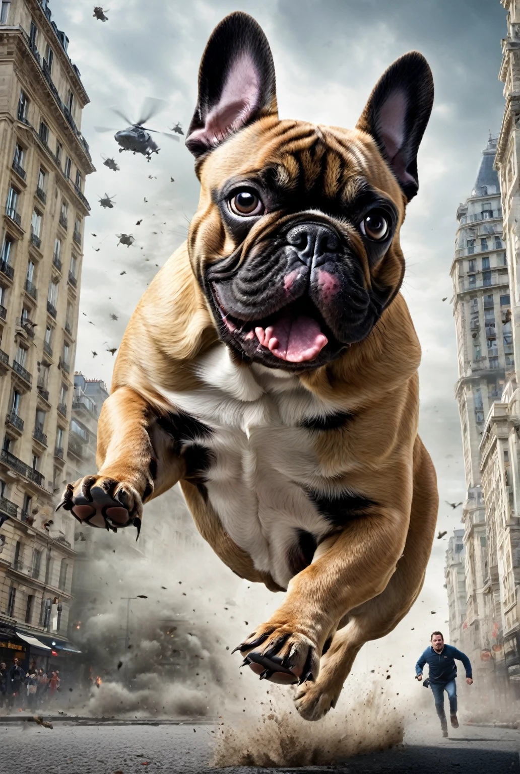 Giant French Bulldog attacks a city full of panicking people running for their lives, Frenchie, horror, giant monster movie, disaster, movie poster, cinematic