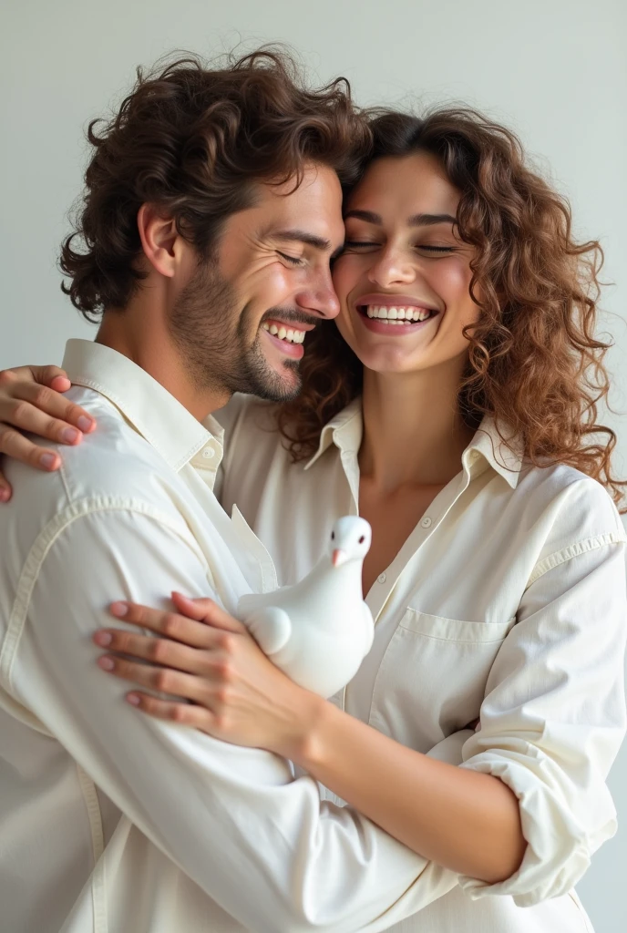 a man and woman hugging each other on a white background, she has perfect white teeths, [ realistic photo ]!!, browns and whites, her hand is on her waist, gettyimages, coiffed brown curly hair, white male, protection, white dove, verdadism, happy and disarmed, holistic medicine advertisement, cute and funny, white top