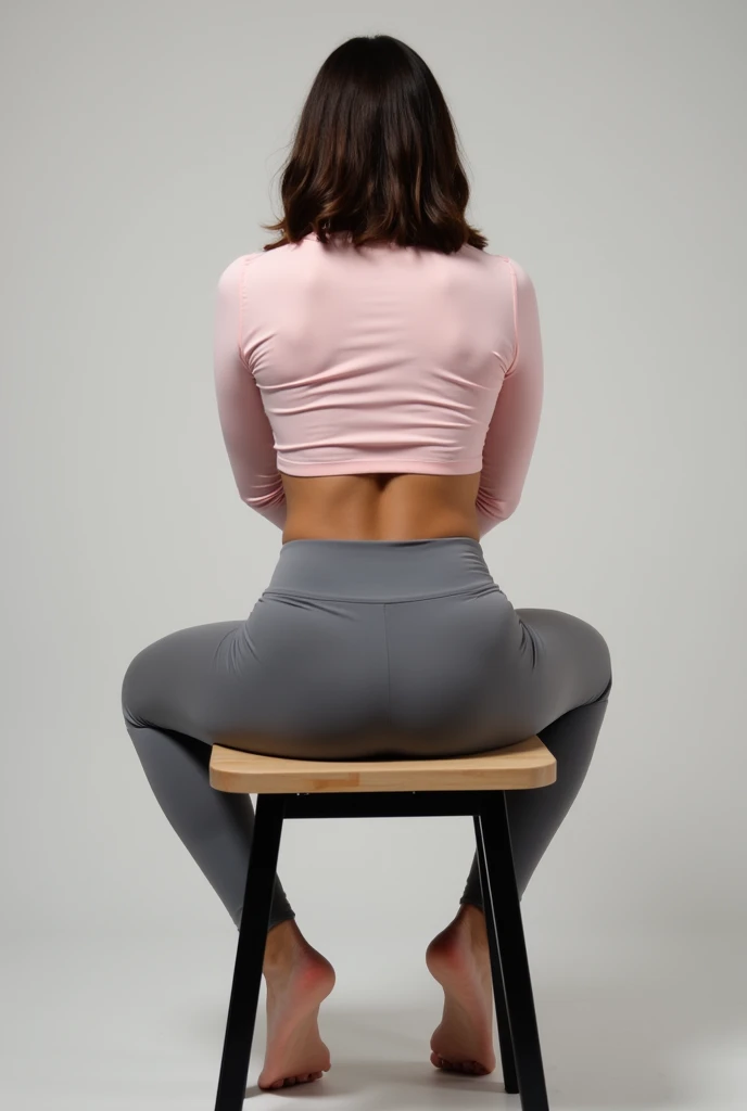 The image shows a person from behind with an athletic and curvy figure., notable for her slightly forward leaning posture as she sits on a small wooden table with black metal legs. She wears a light pink long-sleeved crop top, which leaves a small part of her back exposed, and some grey tight leggings, that highlight their silhouette. His posture is relaxed, with the torso straight and the legs bent, supporting the feet on the ground, showing a comfortable and casual attitude.