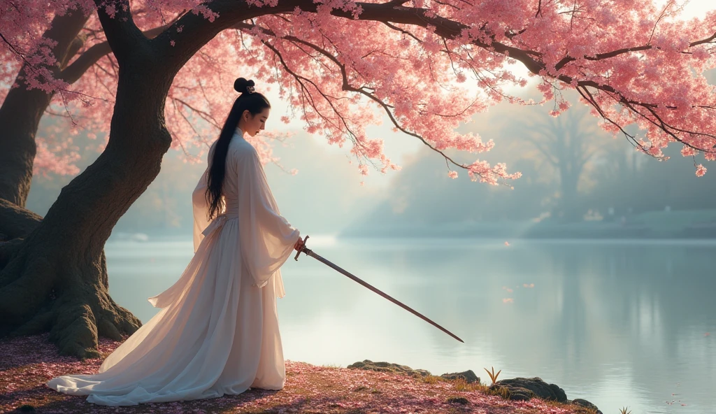 Li Bai in white,Under the peach tree,Riverside,Drinking and sword dancing,Sad atmosphere,8K Ultra HD,Movie storyboard,Photographic quality