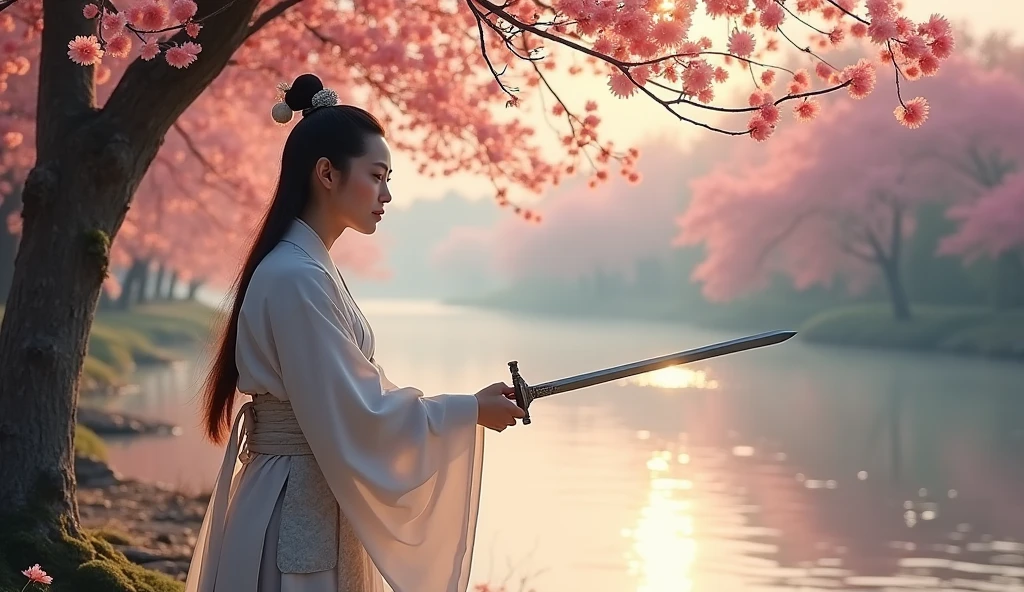 Li Bai in white,Under the peach tree,Riverside,Drinking and sword dancing,Sad atmosphere,8K Ultra HD,Movie storyboard,Photographic quality