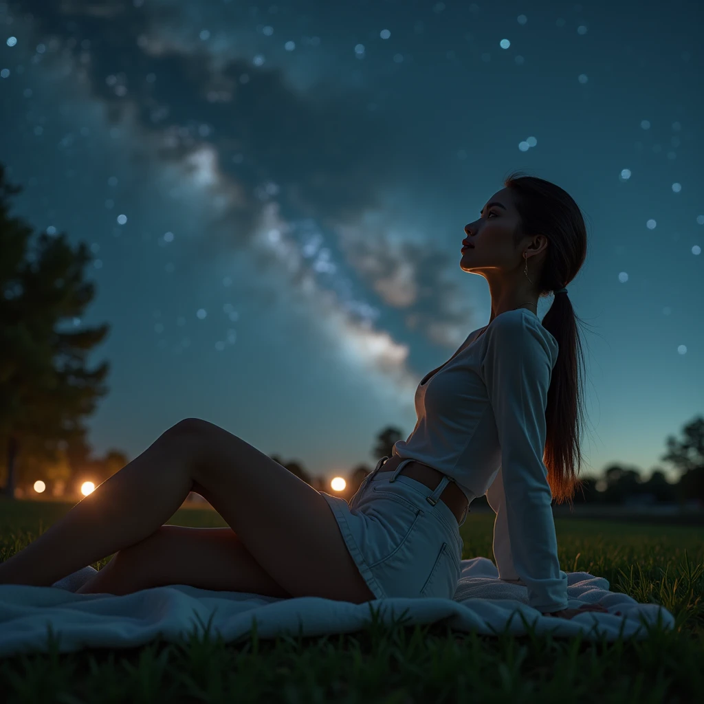 generate a master photograph describing a shapely Woman, a serene summer night sky filled with stars and a clear view of the Milky Way, with a tranquil atmosphere, (8K, best quality), she has a physique like Zendaya, long sleeves,  smile, brown hair, black hair, (big , small tiny waist, ), half body, lying on a blanket on the grass, gazing up at the stars with a look of wonder, smiling gently, wearing casual home attire, (She has  , Most  booty, Most  glutes), Womanly, Womancore, (She has fit ,  ,  fit , extremely  ), (asian skin, glistening skin, beautiful complexion), shot on Fujifilm superia, (Studio soft light, high detail, cinematic lighting, rim lighting), Style: (hyperrealistic, by DynastySeries FashionNova, photo, {{{masterpiece photography}}}, analog photograph, professional fashion photoshoot, trending on artstation, synthwave, krrrsty), Quality: (photographed, masterpiece, highest resolution), Definition: (highres, sharp focus, 8k uhd, ultra photo-realistic resolution), Film: (80 mm, shot on portra 120, shot on Fujifilm), Resolution: (extremely detailed, (sharp focus:1.5), cinematic lighting, dramatic lighting, ultra photo-realistic), luxury: mohawk hairstyle     -upscale -