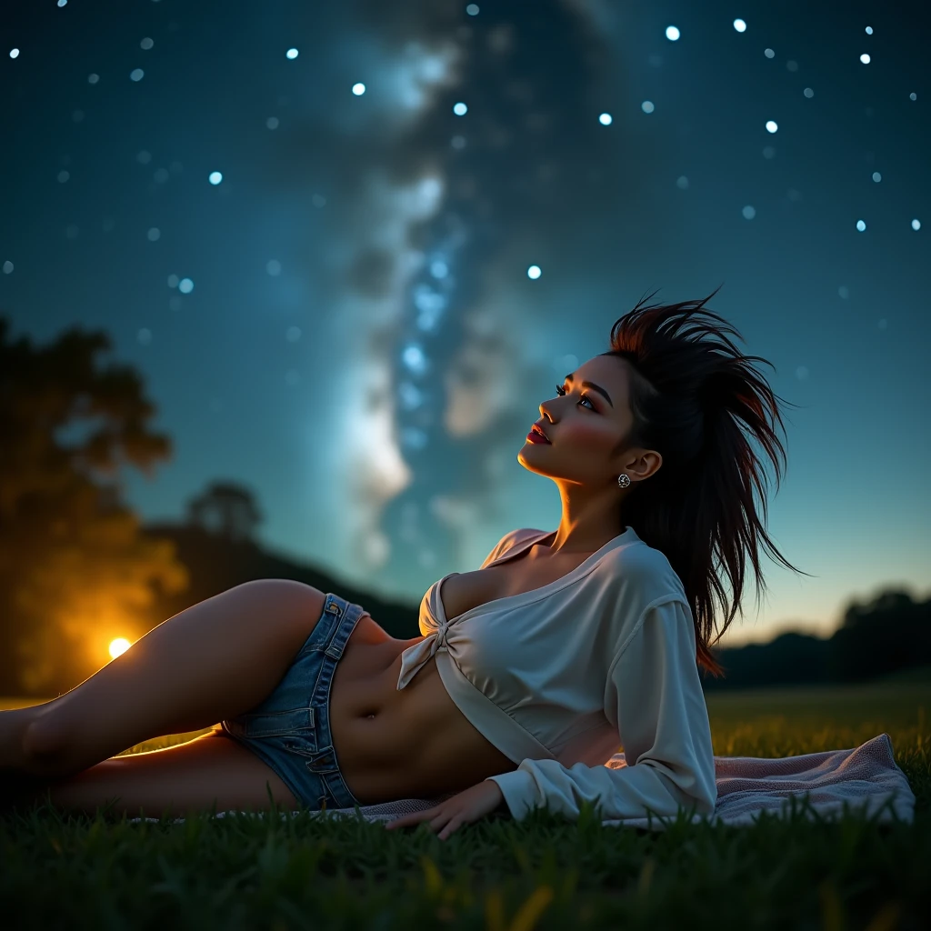 generate a master photograph describing a shapely Woman, a serene summer night sky filled with stars and a clear view of the Milky Way, with a tranquil atmosphere, (8K, best quality), she has a physique like Zendaya, long sleeves, smile, brown hair, black hair, (big chest, small tiny waist, big breasts), half body, lying on a blanket on the grass, gazing up at the stars with a look of wonder, smiling gently, wearing casual home attire, (She has sexy buttocks, Most sexy booty, Most sexy glutes), Womanly, Womancore, (She has fit hips, sexy hips, sexy fit hips, extremely sexy hips), (asian skin, glistening skin, beautiful complexion), shot on Fujifilm superia, (Studio soft light, high detail, cinematic lighting, rim lighting), Style: (hyperrealistic, by DynastySeries FashionNova, photo, {{{masterpiece photography}}}, analog photograph, professional fashion photoshoot, trending on artstation, synthwave, krrrsty), Quality: (photographed, masterpiece, highest resolution), Definition: (highres, sharp focus, 8k uhd, ultra photo-realistic resolution), Film: (80 mm, shot on portra 120, shot on Fujifilm), Resolution: (extremely detailed, (sharp focus:1.5), cinematic lighting, dramatic lighting, ultra photo-realistic), luxury: mohawk hairstyle -upscale -