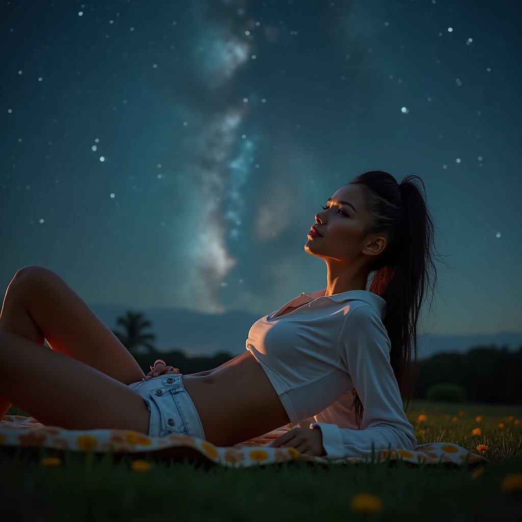 generate a master photograph describing a shapely Woman, a serene summer night sky filled with stars and a clear view of the Milky Way, with a tranquil atmosphere, (8K, best quality), she has a physique like Zendaya, long sleeves,  smile, brown hair, black hair, (big chest, small tiny waist, big breasts), half body, lying on a blanket on the grass, gazing up at the stars with a look of wonder, smiling gently, wearing casual home attire, (She has sexy buttocks, Most sexy booty, Most sexy glutes), Womanly, Womancore, (She has fit hips, sexy hips, sexy fit hips, extremely sexy hips), (asian skin, glistening skin, beautiful complexion), shot on Fujifilm superia, (Studio soft light, high detail, cinematic lighting, rim lighting), Style: (hyperrealistic, by DynastySeries FashionNova, photo, {{{masterpiece photography}}}, analog photograph, professional fashion photoshoot, trending on artstation, synthwave, krrrsty), Quality: (photographed, masterpiece, highest resolution), Definition: (highres, sharp focus, 8k uhd, ultra photo-realistic resolution), Film: (80 mm, shot on portra 120, shot on Fujifilm), Resolution: (extremely detailed, (sharp focus:1.5), cinematic lighting, dramatic lighting, ultra photo-realistic), luxury: mohawk hairstyle     -upscale -