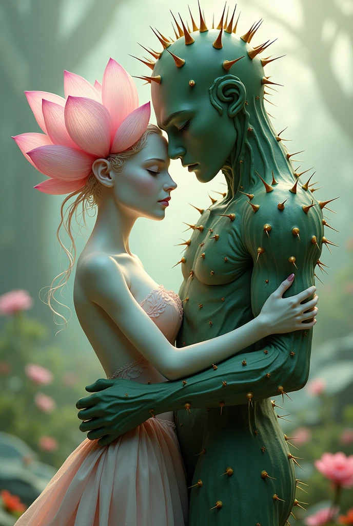 I want a photo of a lotus flower woman hugging a cactus man
