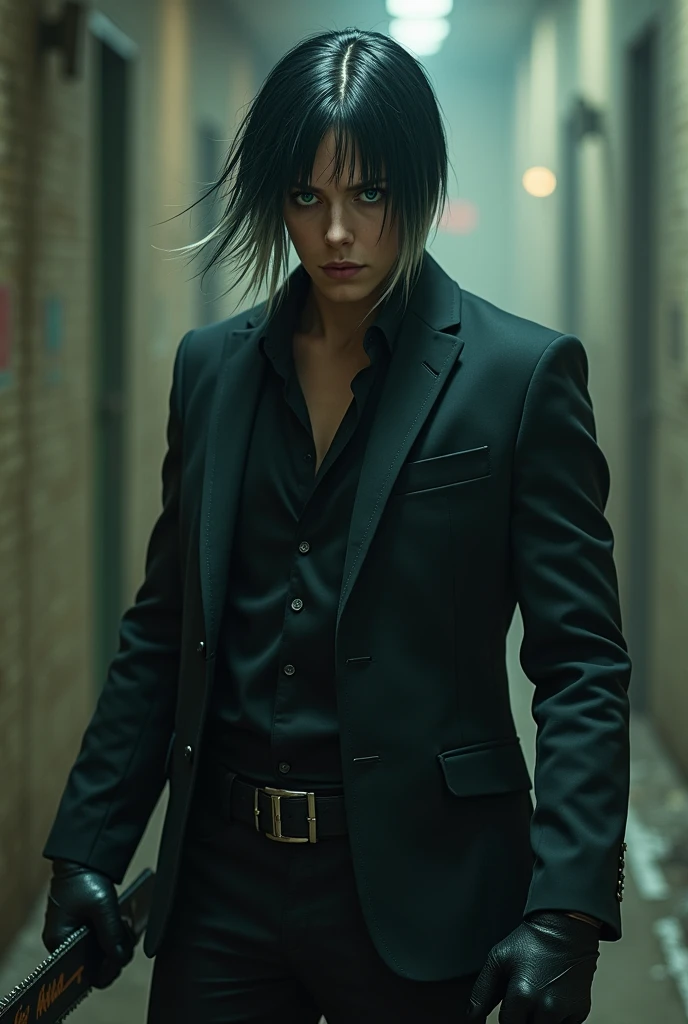 Role-playing character Man with straight black hair with white highlights with a gradient cut style, greeneyes, he wears a black vest underneath a black blazer with sleeves, on his hands he wears black gloves, a pair of black jeans, wears combat boots, holding a chainsaw
