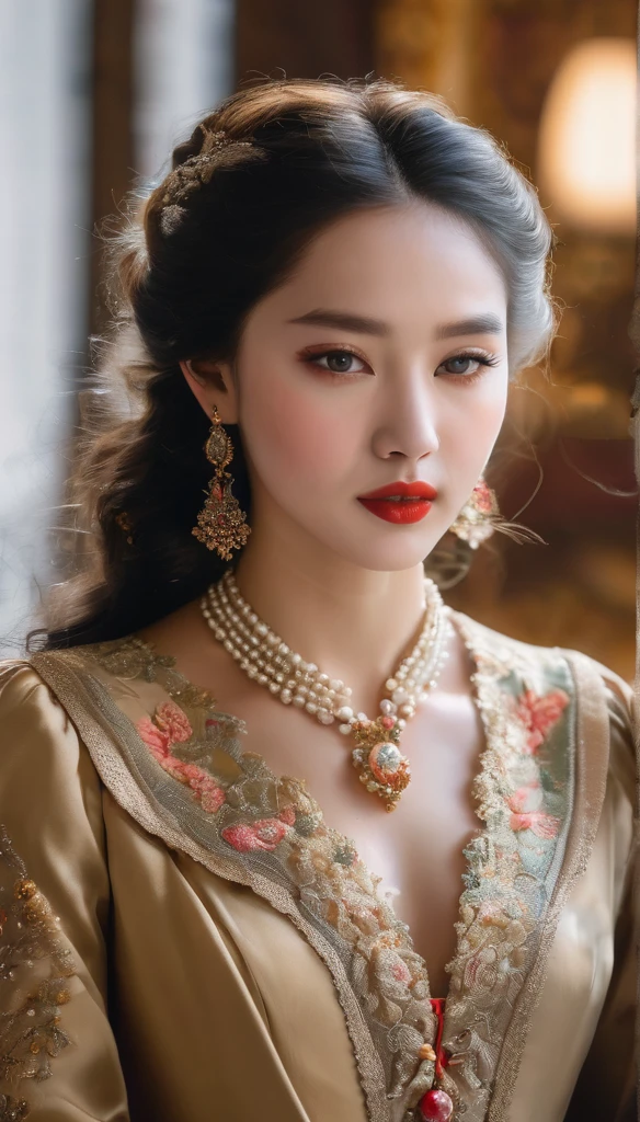 (best quality,4K,8K,high resolution,masterpiece:1.2),Extremely detailed,(Practical,photoPractical,photo-Practical:1.37),portrait,,Pastel,personalized masterpiece,18th century,Russian,Noble,girl,Noble Daughter,20 years old,Extremely beautiful,Face,富有表现力的Eye,Delicate nose,Sweet lips,Porcelain skin,红扑扑的Face,flowing curls,Silk dress,solemn gesture,Fine Jewelry,Embroidered lace collar,Grand Background,Rich interior,Faint golden light,Large Breasts, detailed Face, Long eyelashes, Red lip gloss, Eye, open mouth,