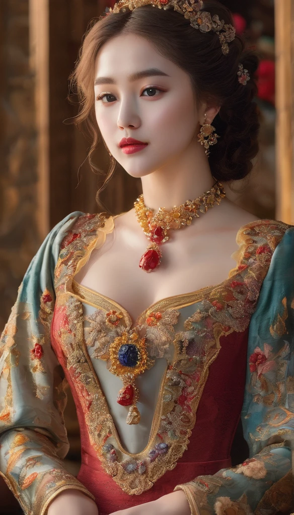 (best quality,4K,8K,high resolution,masterpiece:1.2),Extremely detailed,(Practical,photoPractical,photo-Practical:1.37),portrait,,Pastel,personalized masterpiece,18th century,Russian,Noble,girl,Noble Daughter,20 years old,Extremely beautiful,Face,富有表现力的Eye,Delicate nose,Sweet lips,Porcelain skin,红扑扑的Face,flowing curls,Silk dress,solemn gesture,Fine Jewelry,Embroidered lace collar,Grand Background,Rich interior,Faint golden light,Large Breasts, detailed Face, Long eyelashes, Red lip gloss, Eye, open mouth,