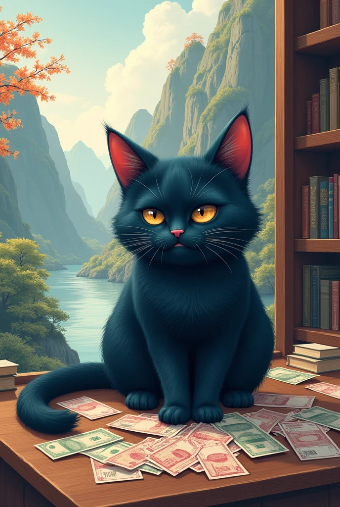 A dark blue cat that counts money. A dark blue cat that loves spending money. There is a river in the Chinese style background and a mountain of banknotes and a library with a bunch of books.