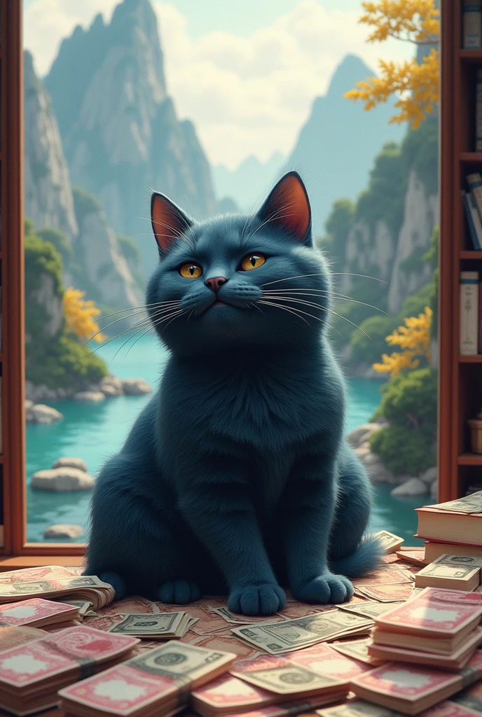 A dark blue cat that counts money. A dark blue cat that loves spending money. There is a river in the Chinese style background and a mountain of banknotes and a library with a bunch of books.