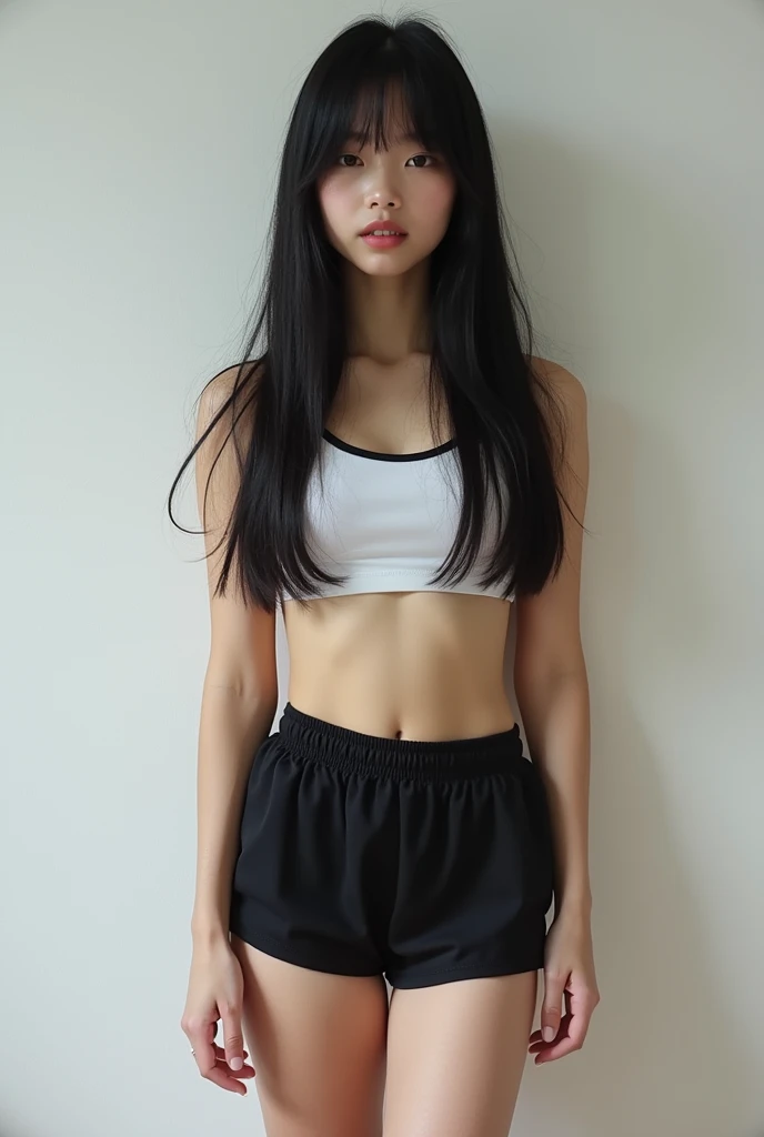 18 year old girl, pale white skin, long straight black hair, slim, thick legs, wearing very short black sports shorts