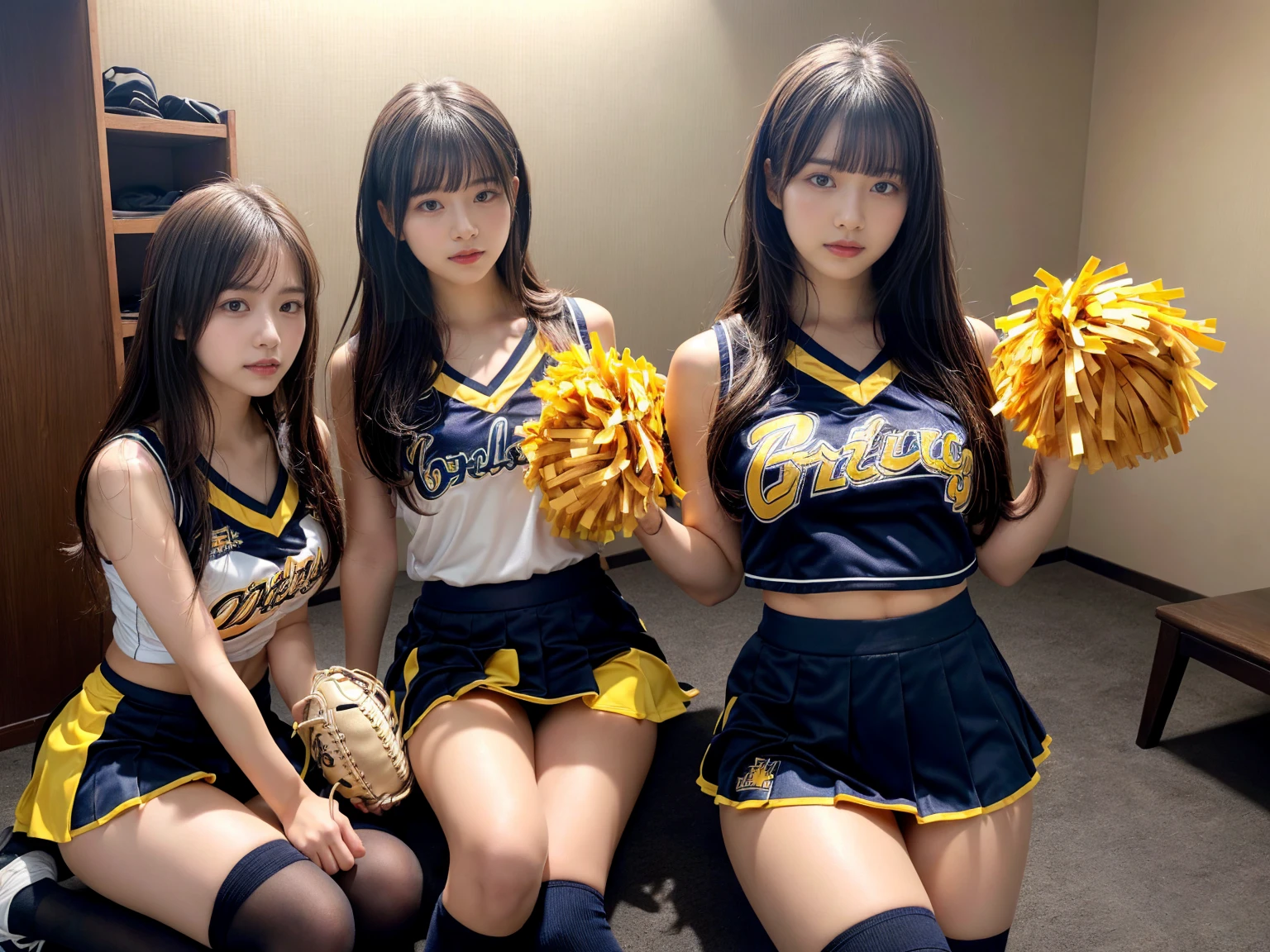 masterpiece, best quality, illustration, Super detailed, fine details, High resolution, 8K,wall paper, perfect dynamic composition,(Details High quality, realistic depiction of eyes:1.3), (3 girls), BREAK (cheerleader uniform with yellow as basic color:1.3), (holding a yellow pompoms in hand:1.4), (sleeveless yellow tunic with baseball team logo:1.4), yellow tops, (bold V-neck:1.3), ((Blue lines, black lines) on tops:1.3), ((fit and flare, A-line):1.3), (A-line yellow rah-rah skirt:1.3), mini skirt, (black socks:1.3), (sports shoes:1.2), sitting, open legs, short bob hair, in a hotel room in the background, deep on field, large breasts, black hair color, Big Natural Color Lip, (perfect body shape), crying a little、Harajuku style、20 year old girl、cute type、beautiful legs, Gravure Idol