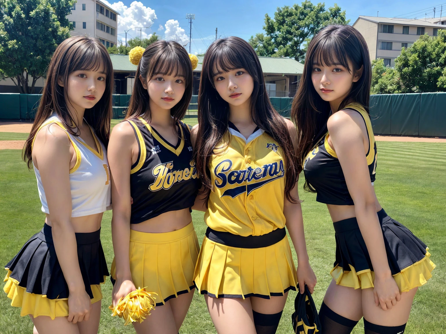 masterpiece, best quality, illustration, Super detailed, fine details, High resolution, 8K,wall paper, perfect dynamic composition,(Details High quality, realistic depiction of eyes:1.3), (3 girls), BREAK (cheerleader uniform with yellow as basic color:1.3), (holding a yellow pompoms in hand:1.4), (sleeveless yellow tunic with baseball team logo:1.4), yellow tops, (bold V-neck:1.3), ((Blue lines, black lines) on tops:1.3), ((fit and flare, A-line):1.3), (A-line yellow rah-rah skirt:1.3), mini skirt, (black socks:1.3), (sports shoes:1.2), sitting, open legs, short bob hair, in a hotel room in the background, deep on field, large breasts, black hair color, Big Natural Color Lip, (perfect body shape), crying a little、Harajuku style、20 year old girl、cute type、beautiful legs, Gravure Idol