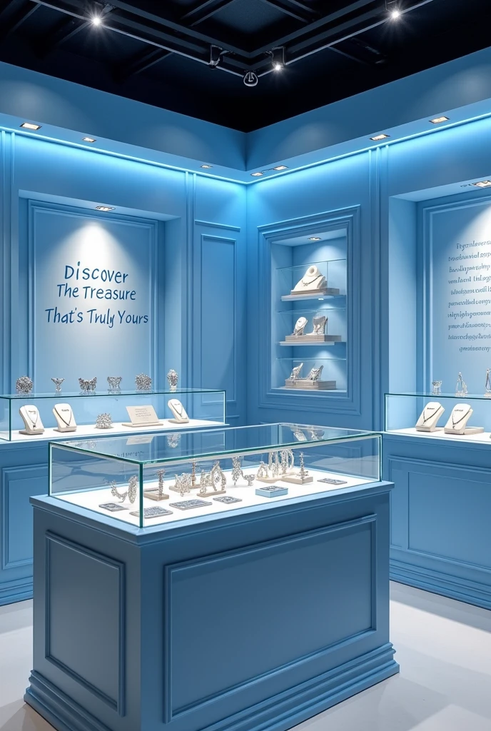 I had placed a gift stall and jwellery showroom in that we place a counter where people are notice and high traffic area like prominent corner and something else and size of this tall is compact not big and not small people will free to choose jwellery and design of the stall is different from showroom theme and colour like sky blue colour and back wall we display wall mounted where write quote "Discover The Treasure That's Truly Yours" and some jwellery photos and add some distance between display counter and back wall and about light there is smooth and smart LED light and add some spot light which highlights some product and place high end display case where place lab grown diamond jewellery 