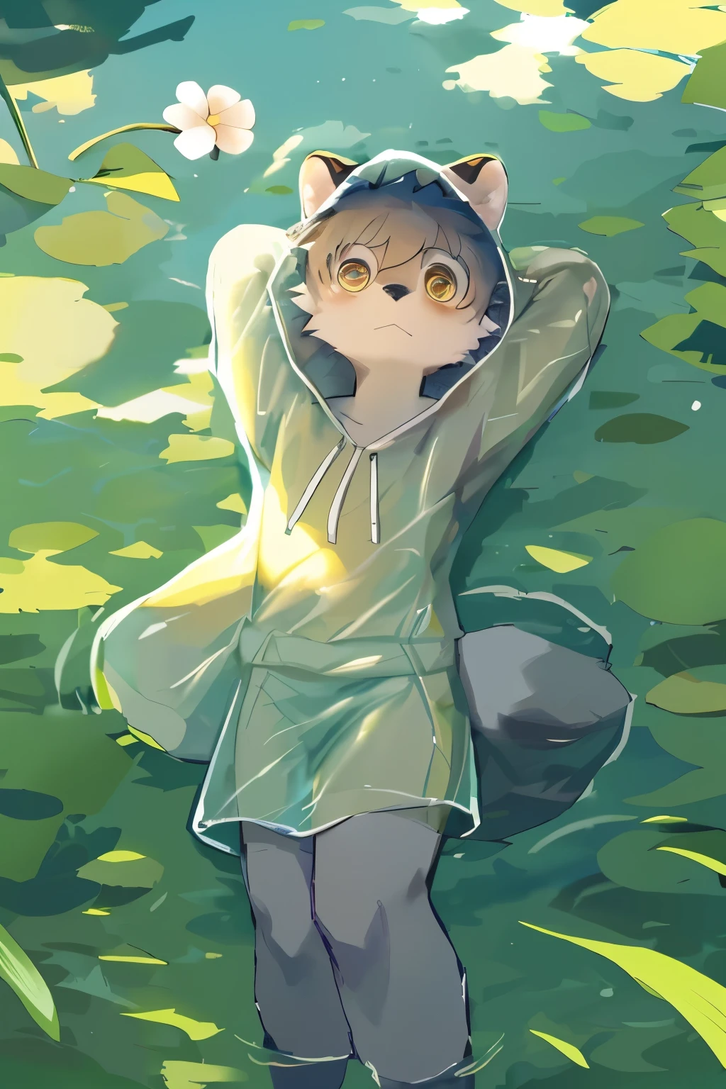 Masterpiece, Best quality, Perfect anatomy, Watery eyes, author:Milk Tiger 1145, author:K0bit0wani, Furry, coyote, (Phyllis:0.3), muscular male, 独奏, wears, baggy clothes, wet fur, (Translucent raincoat:1.1), (holding flower:1.1), Lying, bird's eyes view, grass, rain, water, Rained,((Boy,shota)),boy