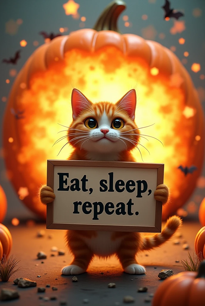 The sign the cat is holding reads: "Eat, sleep, repeat" And Pumpkaboom