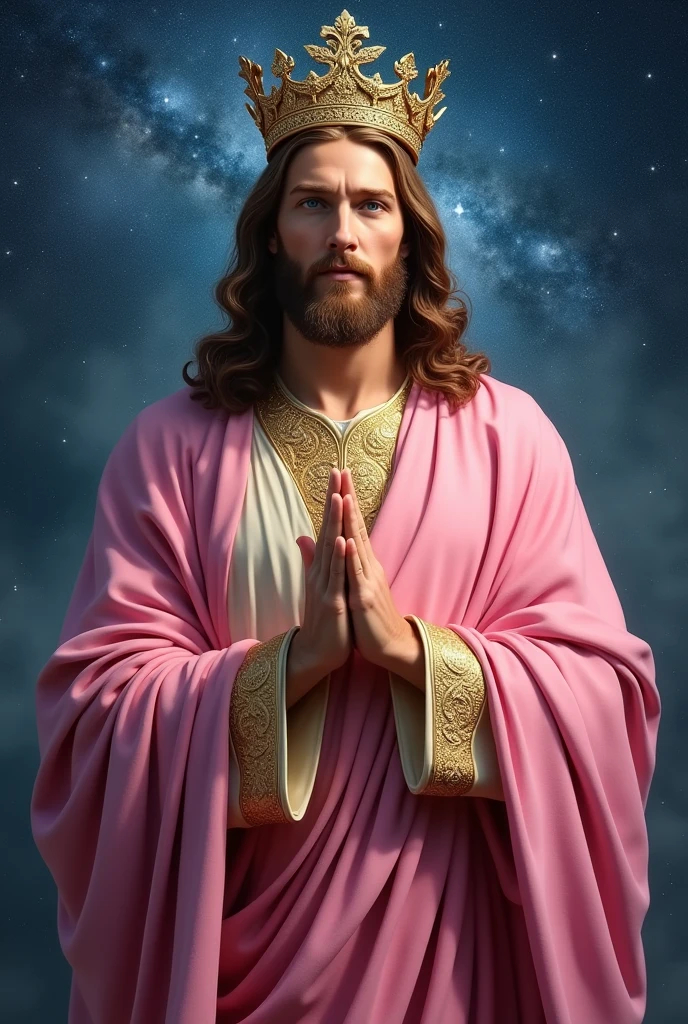 Perfect hand 5 finger, Portrait of a handsome Jesus Christ  wearing the pink king clothes with king crown in the galaxy, Jesus Christ, real blue eyes, sunny day, intricate details.real Jesus Christ, straight head face, Straight body.Prayer Jesus Christ, perfect full body,  perfect hands finger,Prayer Jesus Christ, praying Jesus Christ backgrounds natural photographic