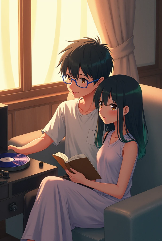 an anime couple, the boy who is listening to music, with black hair and blue frame colored glasses, and with brown eyes and the girl reading next to him, with black hair and green highlights, with dark brown eyes, Next to them there should be a record player and a vinyl record