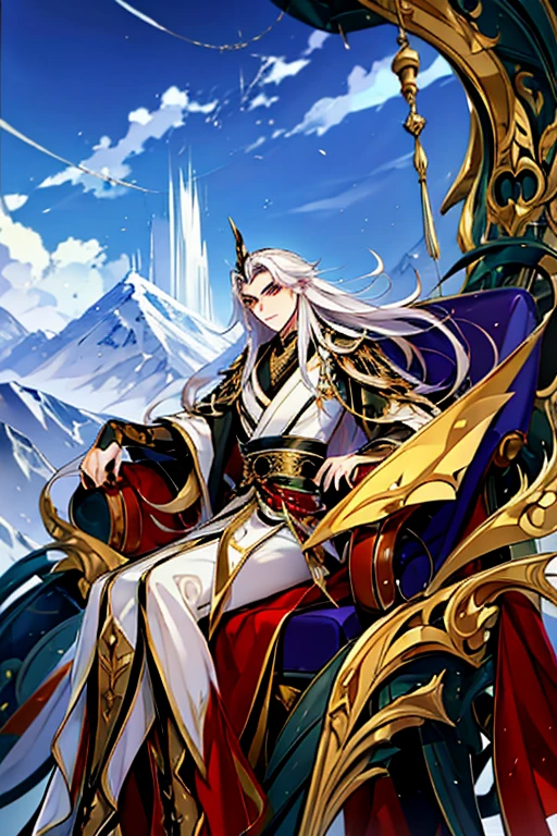 Perfect details, special details, top quality, handsome, domineering, serious, majestic, bad boy, solo, looking straight ahead, 1 male, long hair, white hair, yellow eyes, broad shoulders, well-balanced and toned body from years of training, black shirt, Hanfu with red dragon patterns and gold edges highlighting the aura of a leader, golden horns, sitting on a golden throne designed for someone above all others, behind the man is a massive painting depicting towering mountains, vast plains, and misty clouds reminiscent of a beautiful, otherworldly landscape, best quality, 16k, masterpiece, detailed face drawing, detailed eye drawing, detailed body drawing, with two arms and two legs (two arms:1.4, two legs:1.4), manhua character.