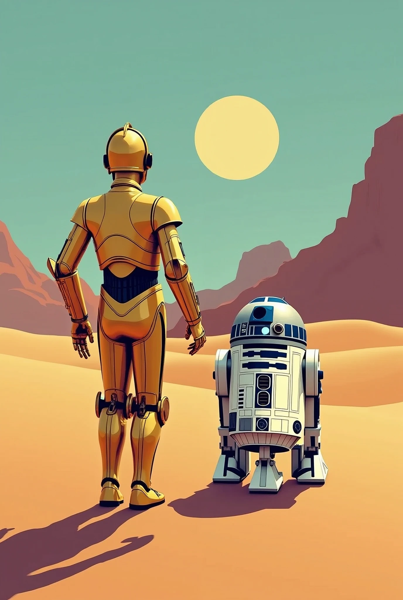 masterpiece,Vector art depicting the backs of C3PO and R2D2 walking on the sand planet Tatooine,Vector Flat,Pop Art