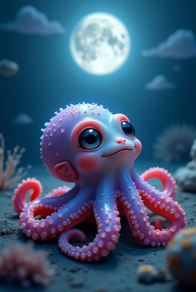 The most adorable octopus looking up to a full moon from ocean depths. Ethereal cuteness overload, huge and reflective ecstatic eyes, fringy bioluminescent tentacles, opened iridescent beak, colorful marine lie around, intertwining translucent tendrils emitting otherworldly glow, dreamy aquatic hues, meticulously detailed textures, elaborate atmosphere.