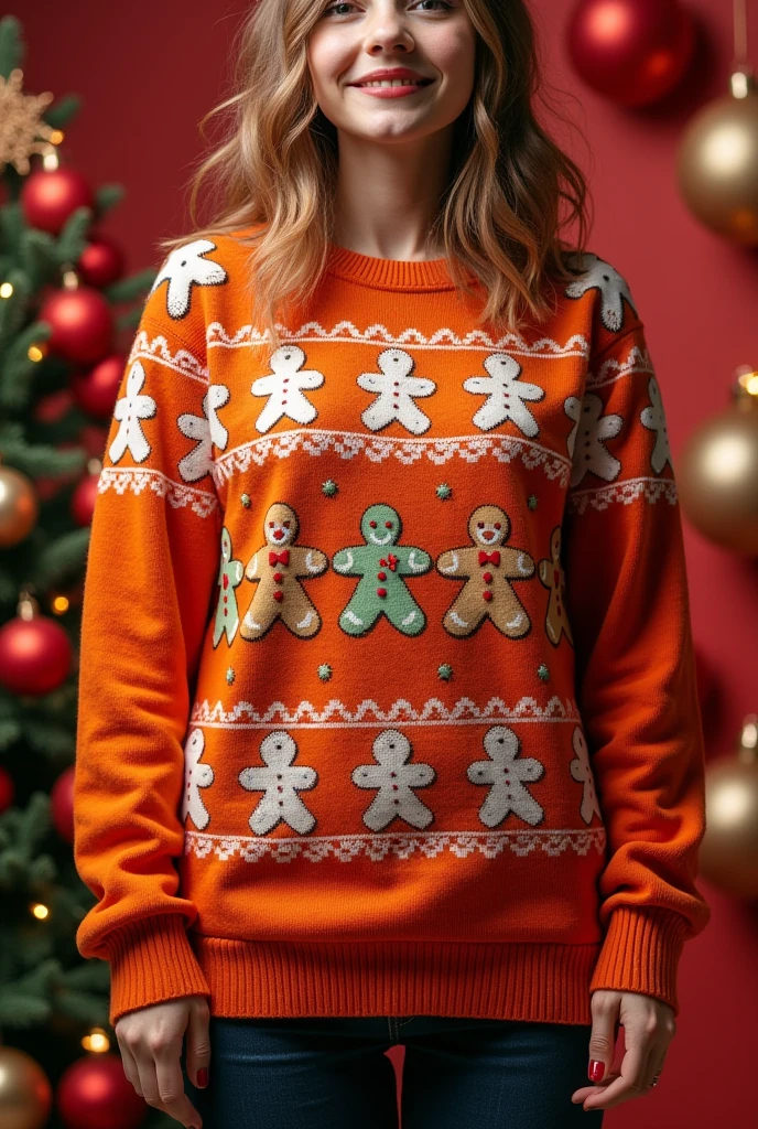 Christmas sweatshirt,orange color,Lots of gingerbread men,Red colored balls,cake