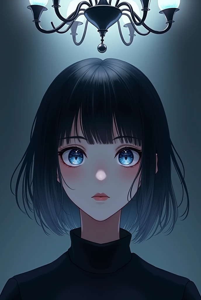 Girl illustration Cool Blue eyes Bob hair Black hair with gray gradation at the ends Chandelier hanging above the head The top of the head fits in the frame