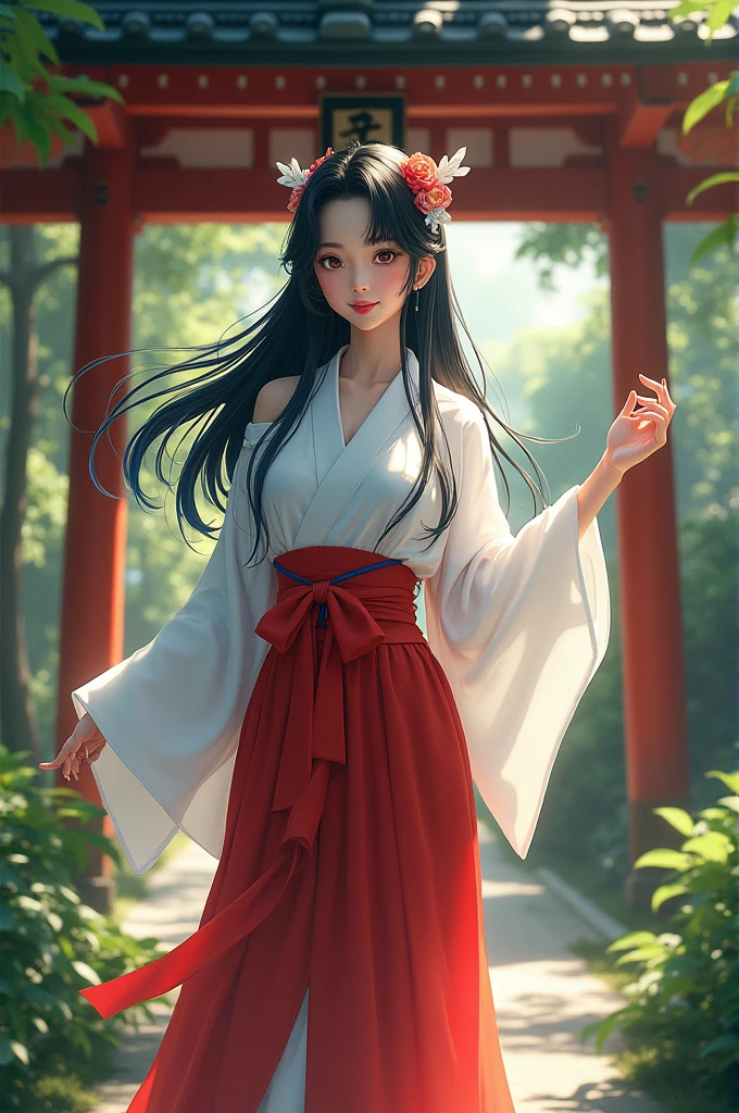 shrine、within the territory、Long black hair、beautiful girl、Beautiful Skin、Red Skirt,smile、Shrine maiden、Upper Body