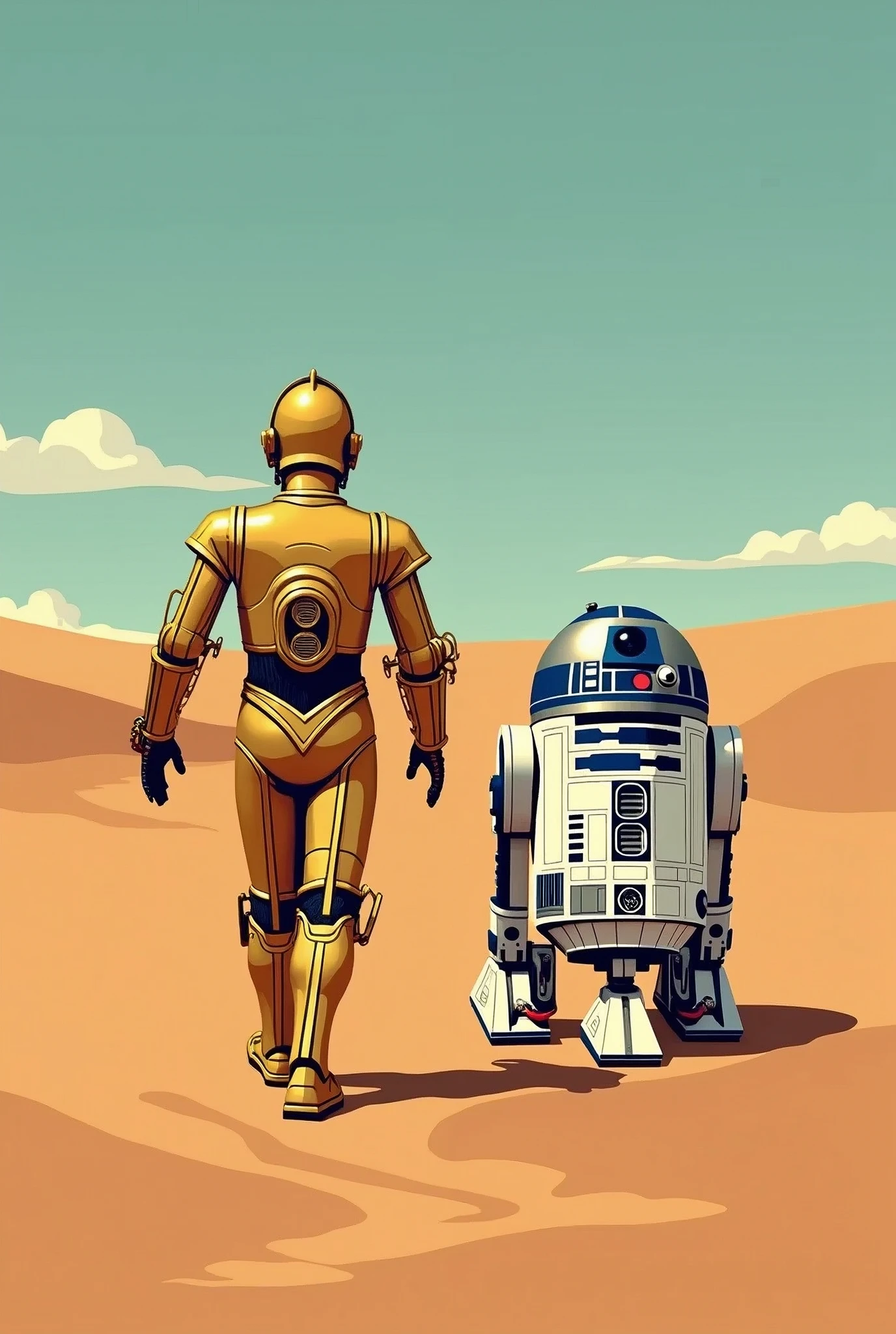 masterpiece,Vector art depicting the lonely backs of C3PO and R2D2 walking on the sand planet Tatooine,Vector Flat,Pop Art
