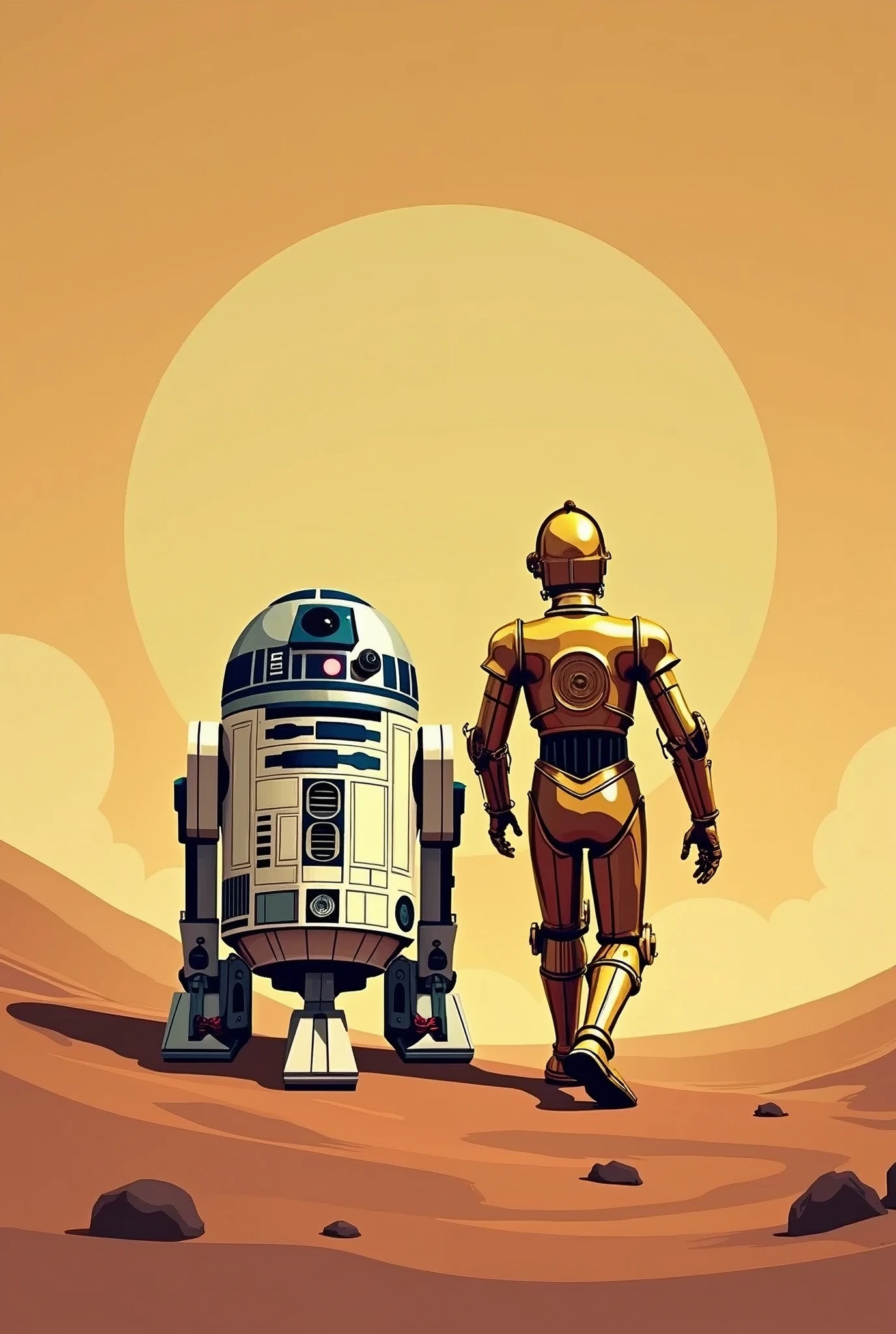 masterpiece,Vector art depicting the backs of C3PO and R2D2 walking on the sand planet Tatooine,Vector Flat,Pop Art
