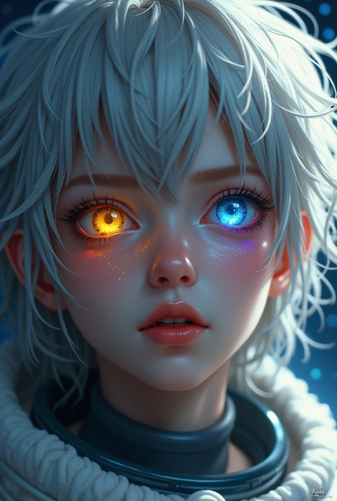 (Close-up of a better masterpiece:1.5)0.9], (Space and astronauts:1.2) (Messy silver hair:1.1) (Heterochromia xanthochromia and blue eyes:1.2) (Space Helmet:1.0) (Colored stars in the eyes:1.0) (A radiant glow:1.1) (thick lips:0.9)