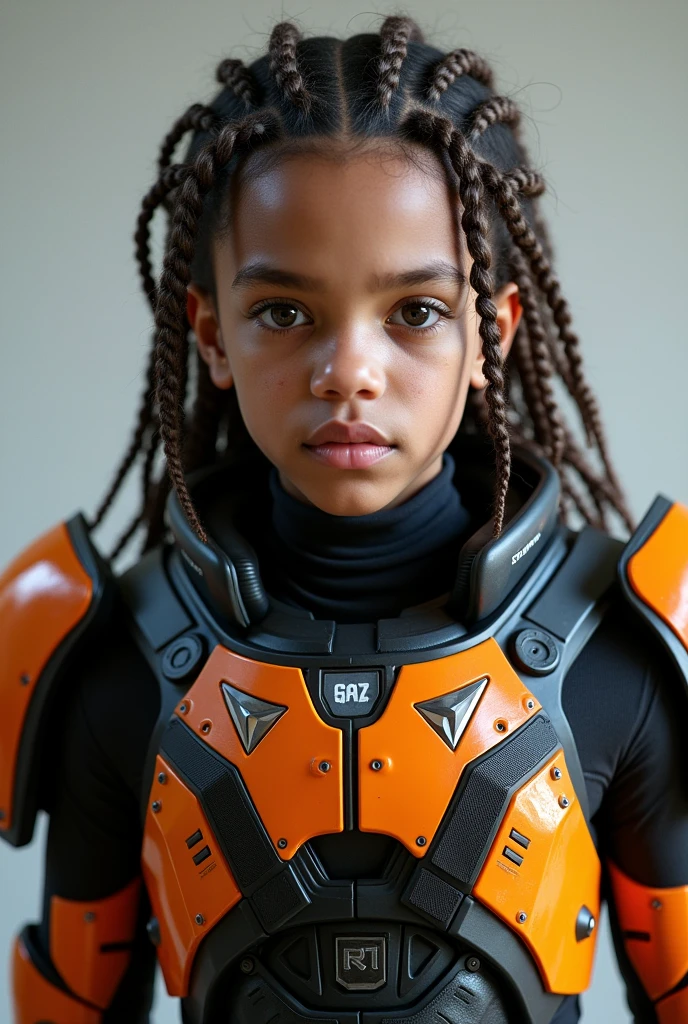 Zac Hanson at with hair in box braids wearing the black and orange armor from the game Star Citizen. Hyper realistic. Best lighting