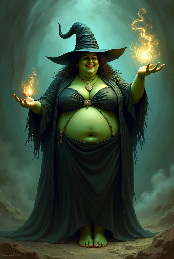 Witch, black pointy hat, green skin, big breast, huge hips, fat, black gown, bare feet, tickle