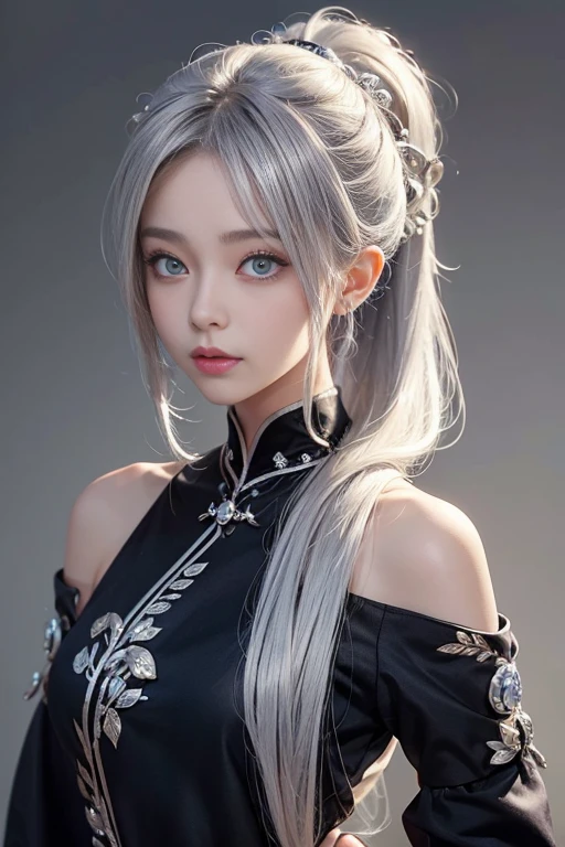 cute、woman、Hairstyle with all hair swept back、Odd Eye、Silver hair back、male、Her hair is shoulder-length、Odd Eye、male'Left eye is red、male right eye blue、Increase the wide angle、Clear Eyes、White and blue magic costume、mini skirt、