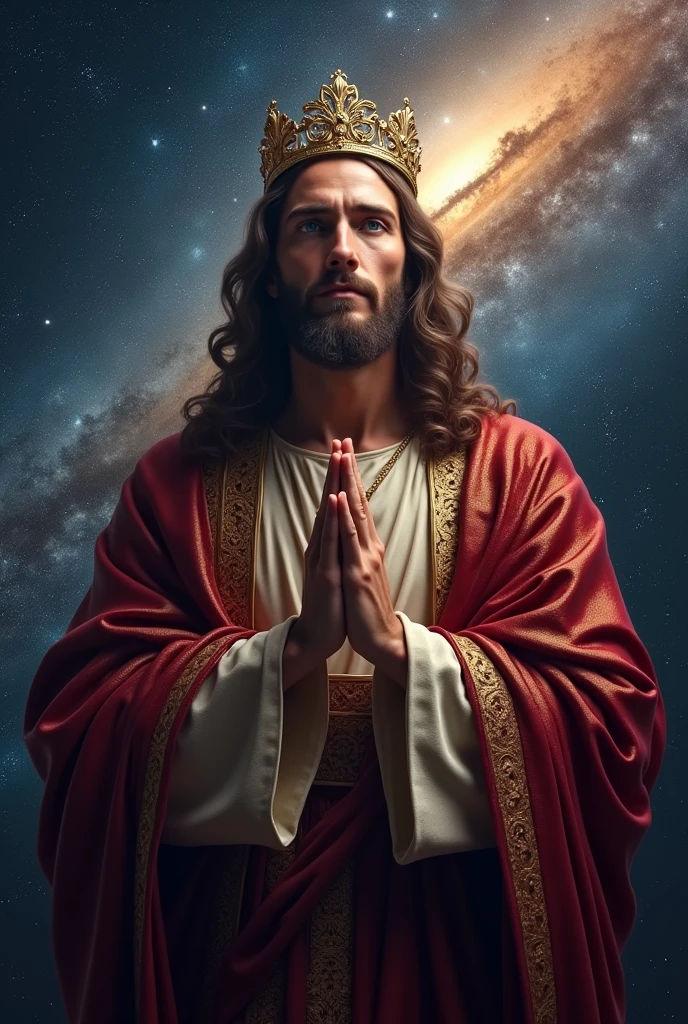 Perfect hand 5 finger, Portrait of a handsome Jesus Christ wearing the maroon king clothes with king crown in the galaxy, Jesus Christ, real blue eyes, sunny day, intricate details.real Jesus Christ, straight head face, Straight body.Prayer Jesus Christ, perfect full body, perfect hands finger,Prayer Jesus Christ, praying Jesus Christ backgrounds natural photographic