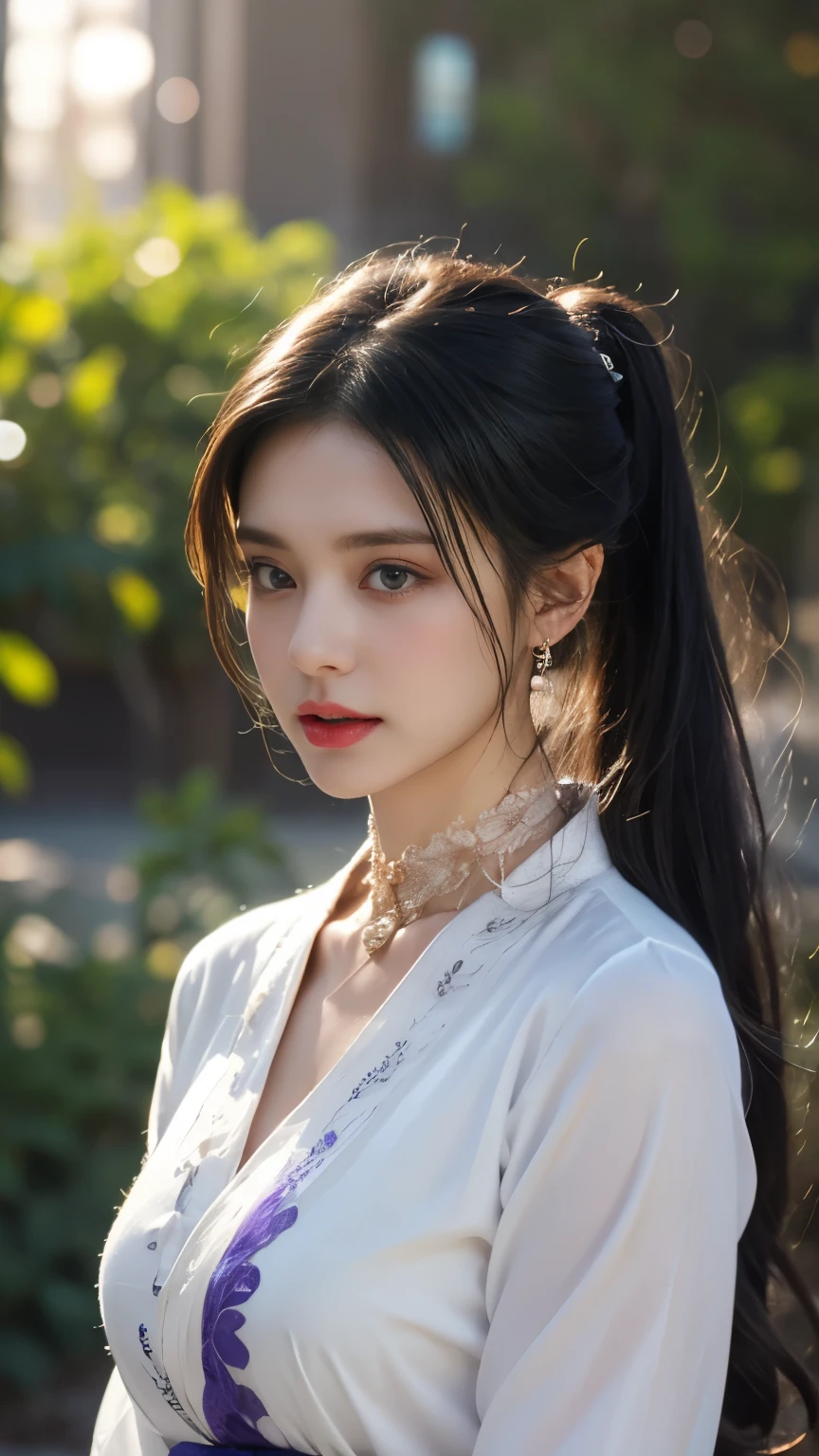 1 beautiful girl in Hanfu costume, ((black thin purple silk shirt with a lot of texture)), white lace top, long purple platinum ponytail Hair, Jewelry, ear jewelry, necklaces and necklaces, carefully drawn big purple eyes, makeup careful, thin eyebrows, high nose, beautiful red lips, no smile, pursed lips, rosy cheeks, wide breasts, big breasts, proportional breasts, slim waist, purple fishnet socks, chinese hanfu style, fictional art texture, colorful bright and realistic, RAW Photo, Realistic Photo, ultra high quality 8k surreal photo, (effective fantasy light effect: 1.8), 10x pixels, magical effect (Background): 1.8), ultradetailed eyes, full body portrait of girl , Chinese royal garden background, dynamic pose