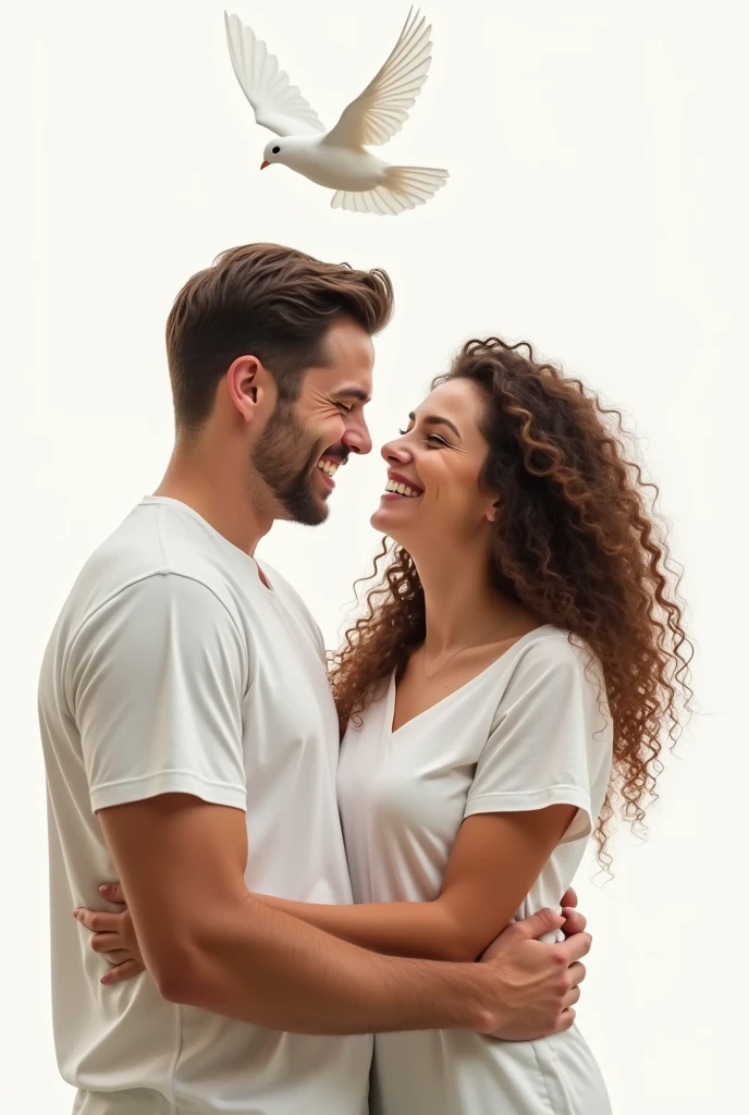 a man and woman hugging each other on a white background, she has perfect white teeths, [ realistic photo ]!!, browns and whites, her hand is on her waist, gettyimages, coiffed brown curly hair, white male, protection, white dove, verdadism, happy and disarmed, holistic medicine advertisement, cute and funny, white top