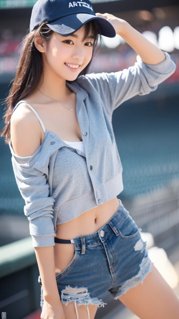 One girl, Gaze, smile, Blushing, Black Hair, 最高quality, High resolution, 最高quality, Winner of numerous awards, High-resolution model, 高いdetail, 高quality, quality, Textured skin, Ultra high definition, chest, 大きなchest, Japanese beautiful girl 18 years old,Textured skin, Ultra high definition, Retina, Very detailed, 高quality, quality, High-resolution model, 高いdetail, detail, Winner of numerous awards, 最高quality, accurate, High resolution, Charming beautiful girl,denim,sneakers,Baseball Cap,Stadium jumper,大きなchest, smiling, Watching Major League Baseball,Shortcuts, Bob